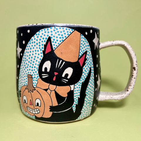 Ceramic Wheel Thrown Halloween Cat Mug 17oz
