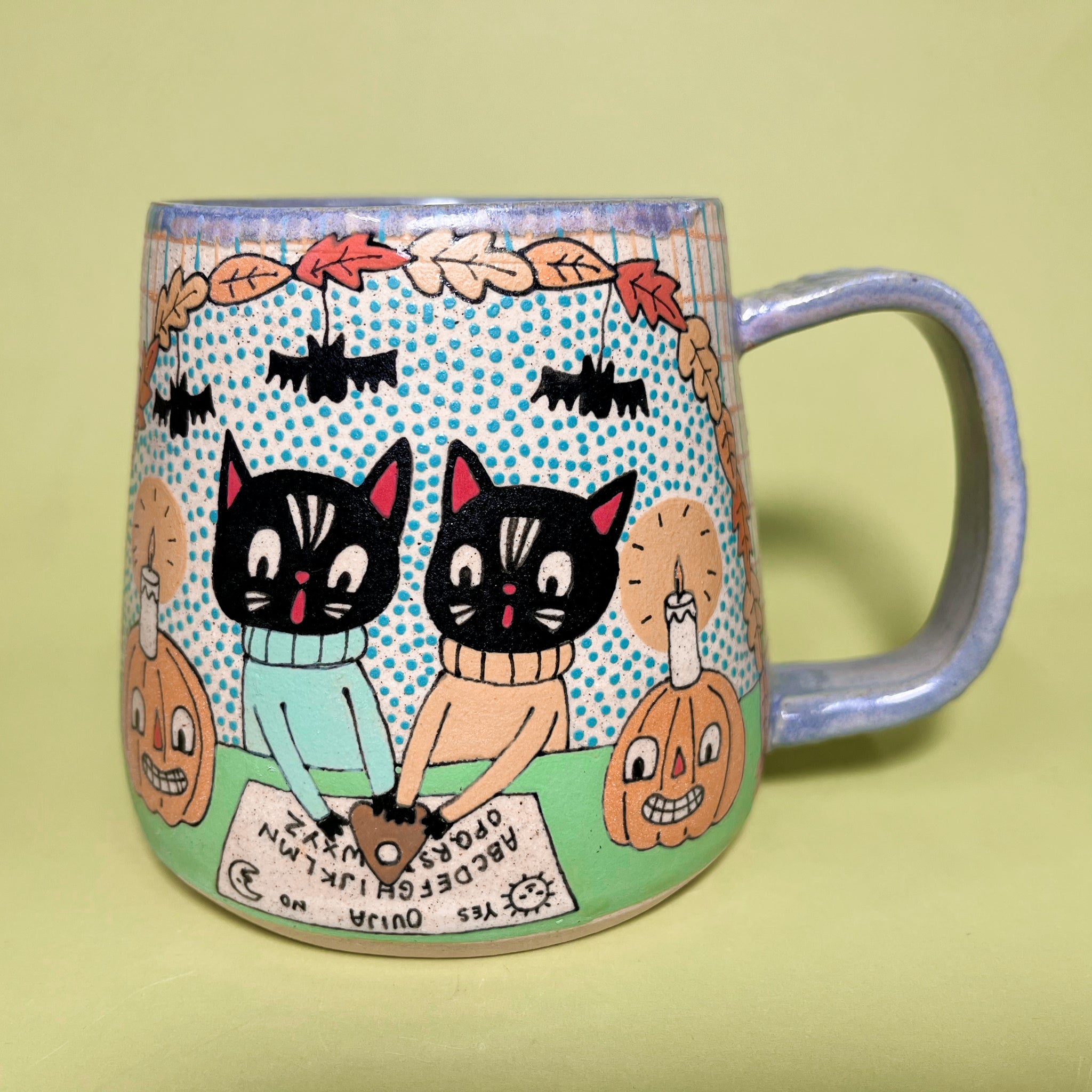 Ceramic Wheel Thrown Ouija Cats Mug 16oz