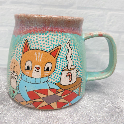 Ceramic Wheel Thrown Mug Cat Quilt 17oz