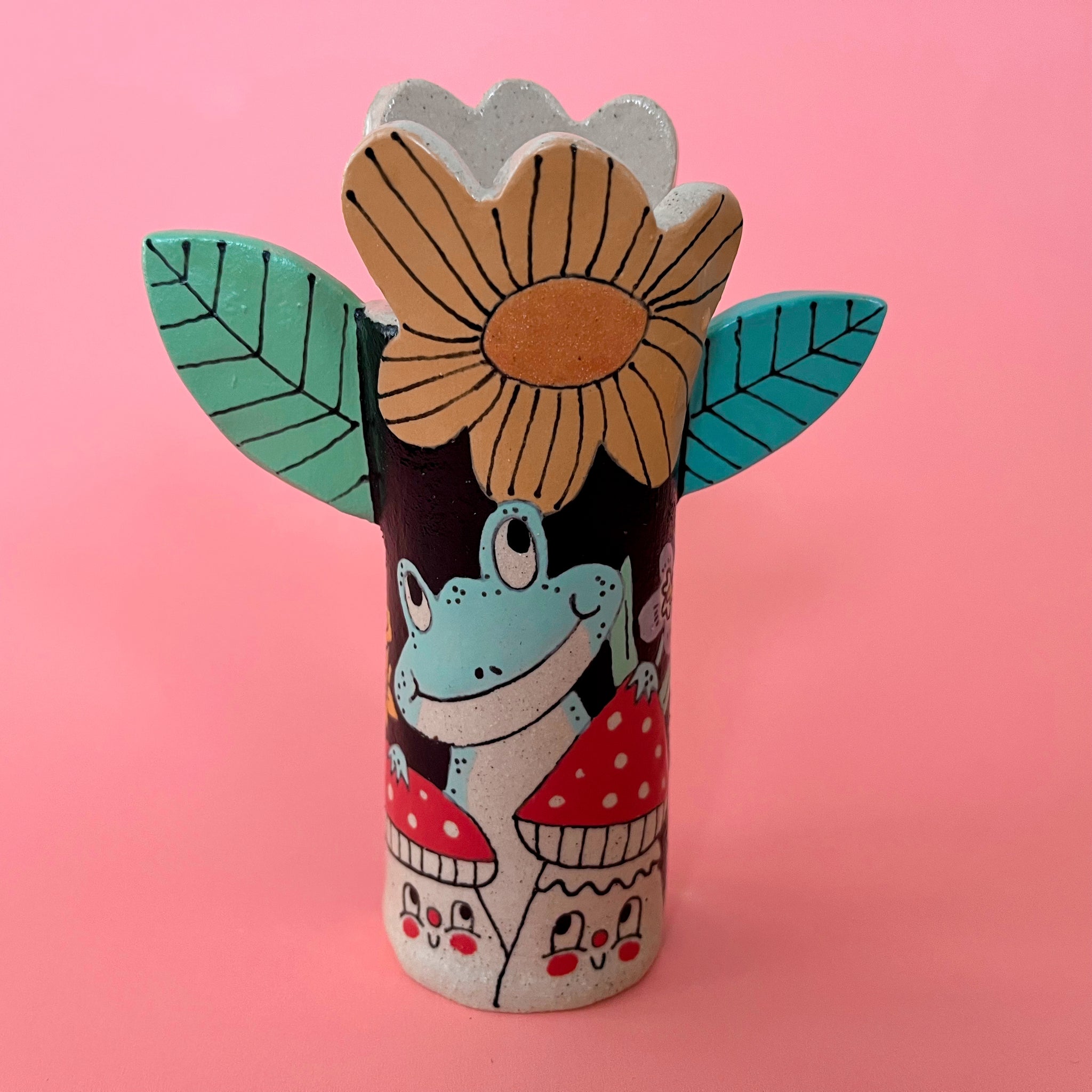Ceramic Hand Built Frog Flower Jar 5"