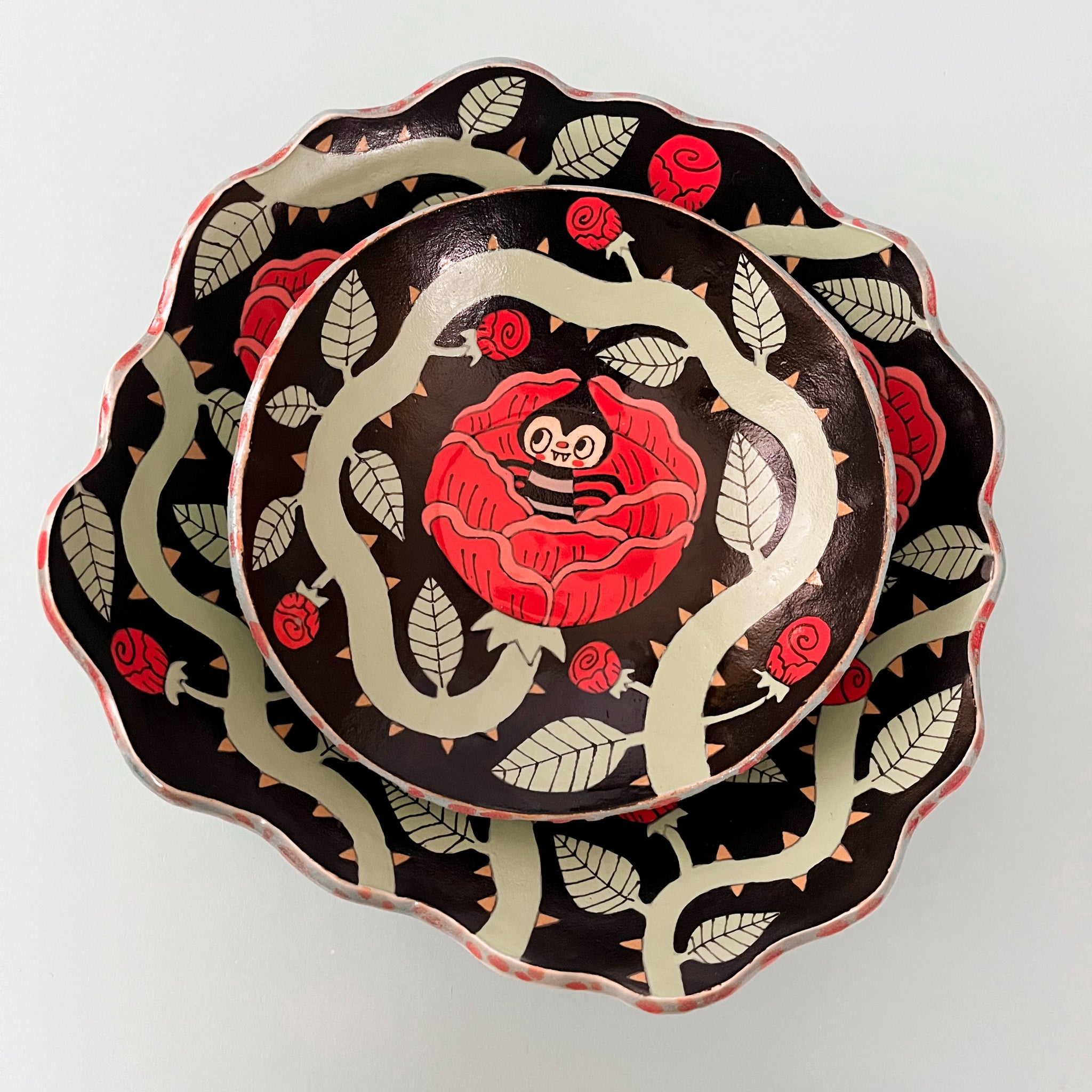 Ceramic Hand Built Spider Rose Dish Pair 9" and 6"