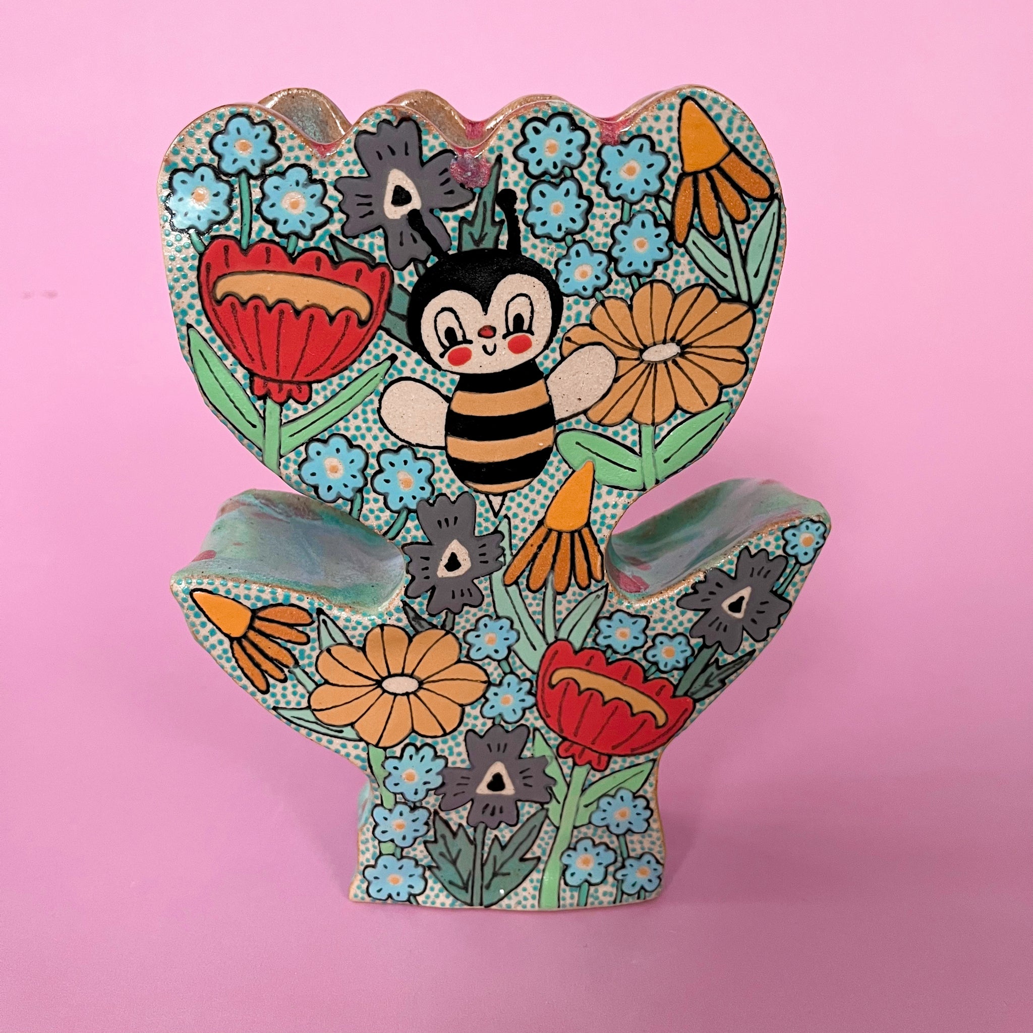 Ceramic Hand Built Spider Flower Jar 7"