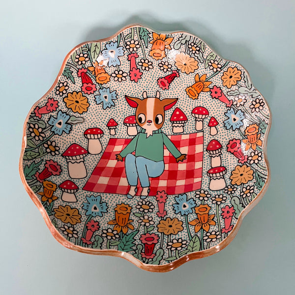 Ceramic Hand Built Goat Flowers Dish 7.5"