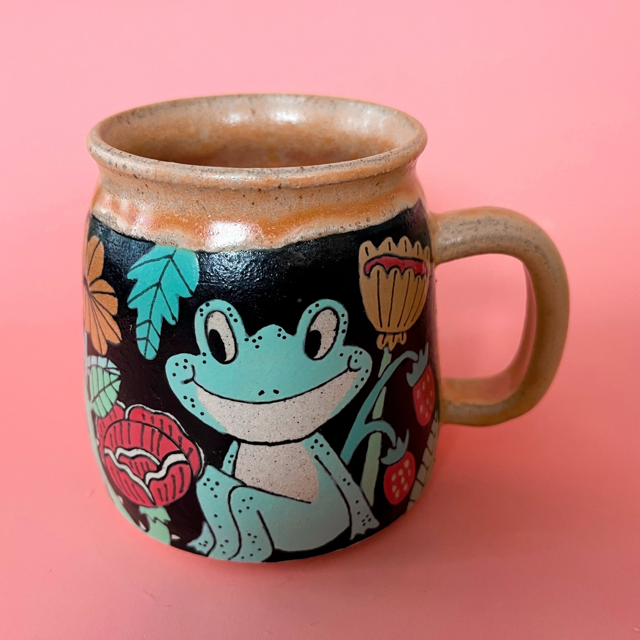Ceramic Wheel Thrown Mug Frog Flowers 13.5oz