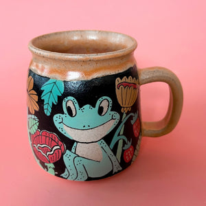 Ceramic Wheel Thrown Mug Frog Flowers 13.5oz