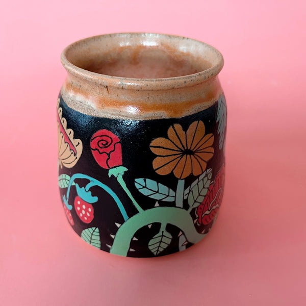 Ceramic Wheel Thrown Mug Frog Flowers 13.5oz