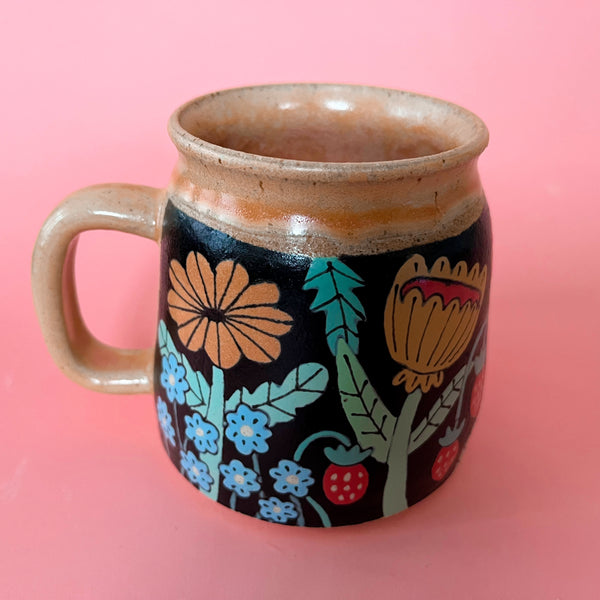 Ceramic Wheel Thrown Mug Frog Flowers 13.5oz