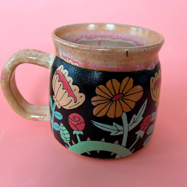 Ceramic Wheel Thrown Mug Snail Flowers 12.5oz