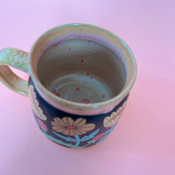 Ceramic Wheel Thrown Mug Snail Flowers 12.5oz