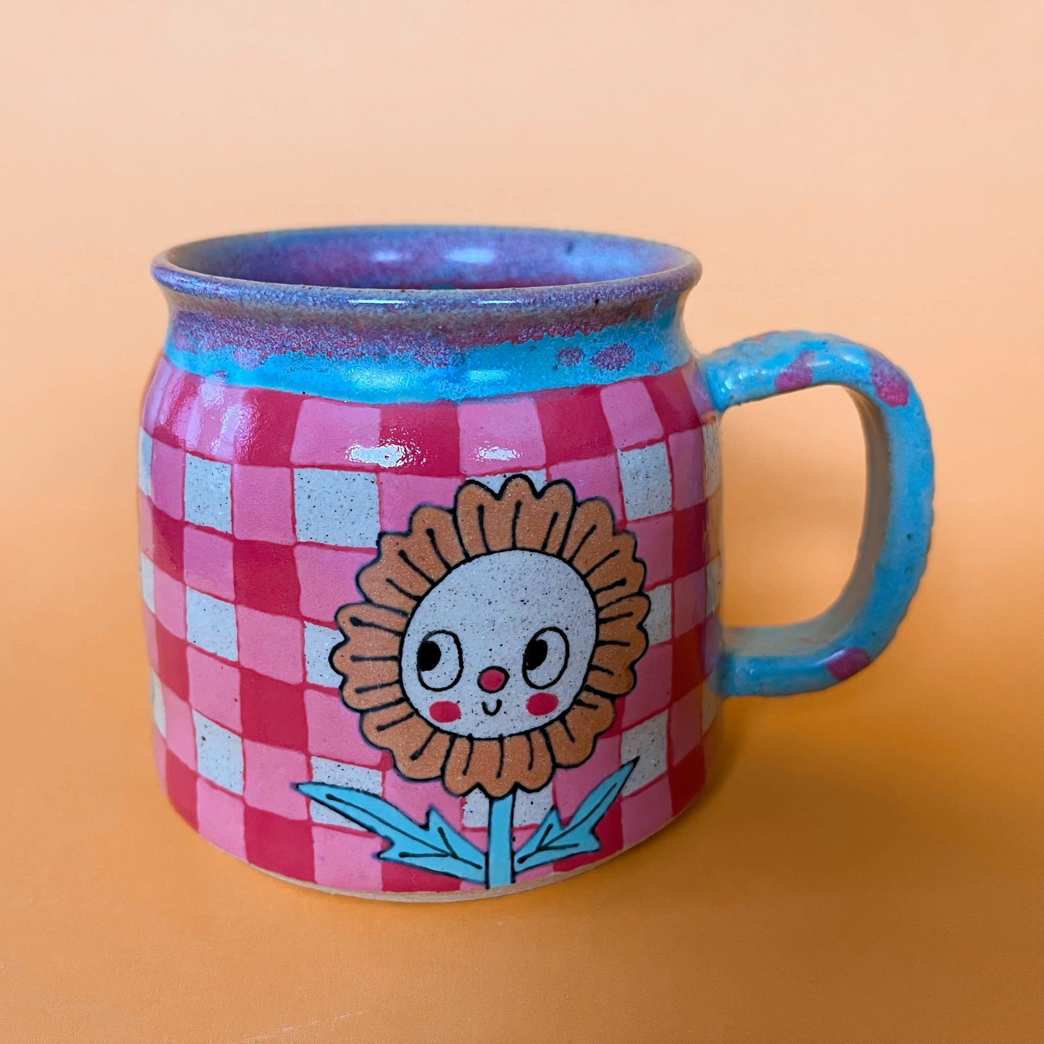 Ceramic Wheel Thrown Mug Gingham Flowers 13oz