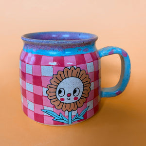 Ceramic Wheel Thrown Mug Gingham Flowers 13oz