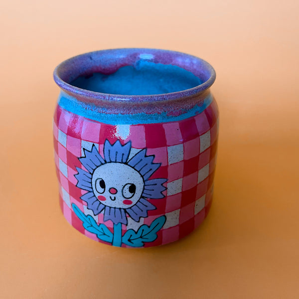 Ceramic Wheel Thrown Mug Gingham Flowers 13oz