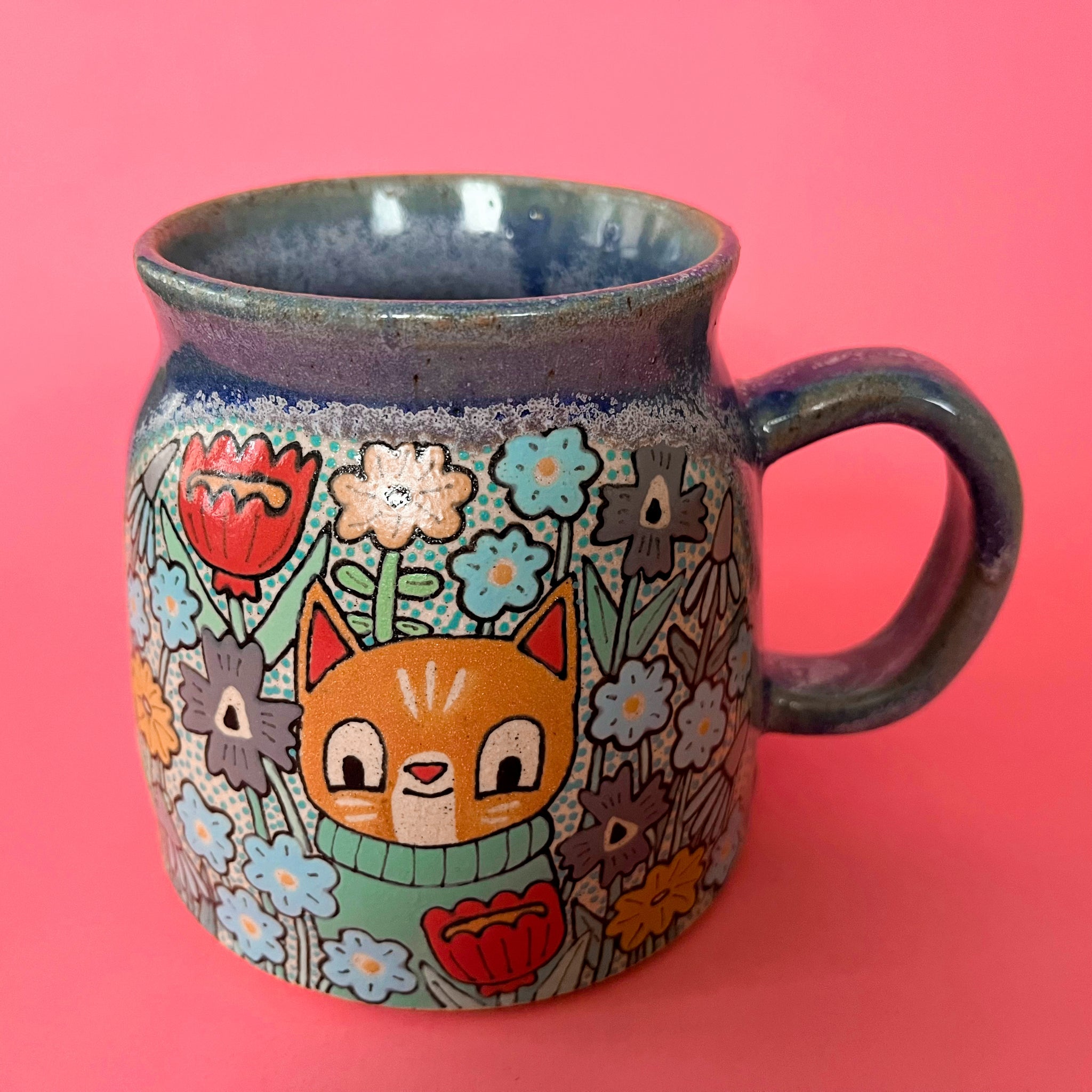 Ceramic Wheel Thrown Mug Cat Flowers 16oz