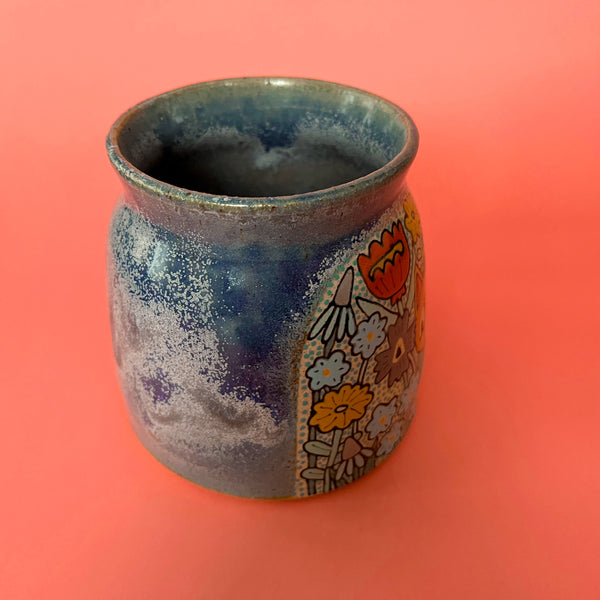 Ceramic Wheel Thrown Mug Cat Flowers 16oz