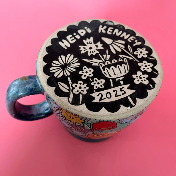 Ceramic Wheel Thrown Mug Cat Flowers 16oz