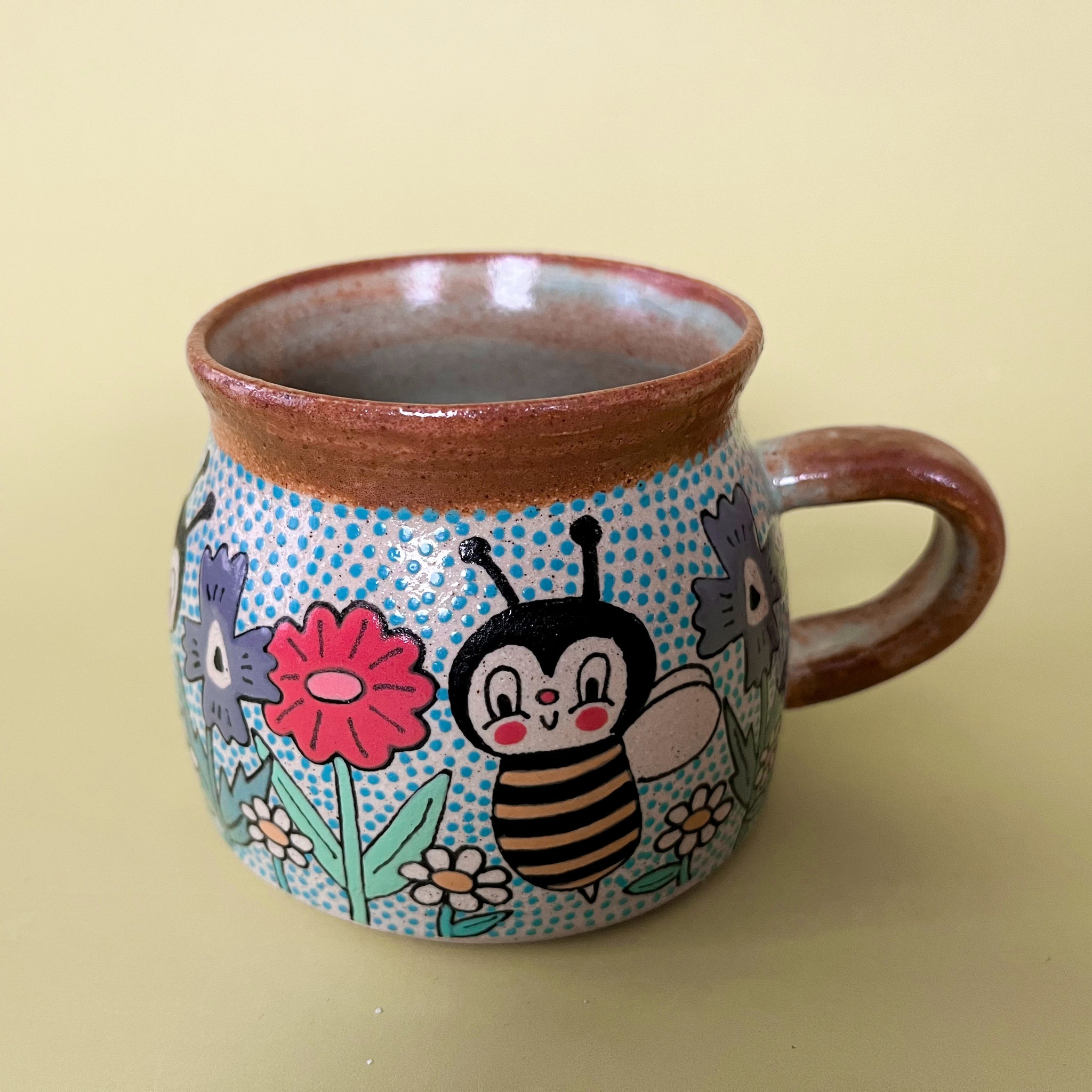 Ceramic Wheel Thrown Mug Bee Flowers 12oz
