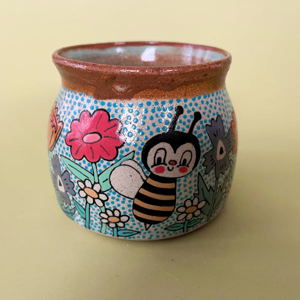 Ceramic Wheel Thrown Mug Bee Flowers 12oz