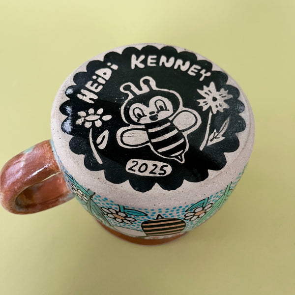 Ceramic Wheel Thrown Mug Bee Flowers 12oz