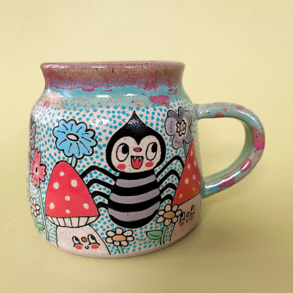 Ceramic Wheel Thrown Mug Spider Mushroom 14.5oz