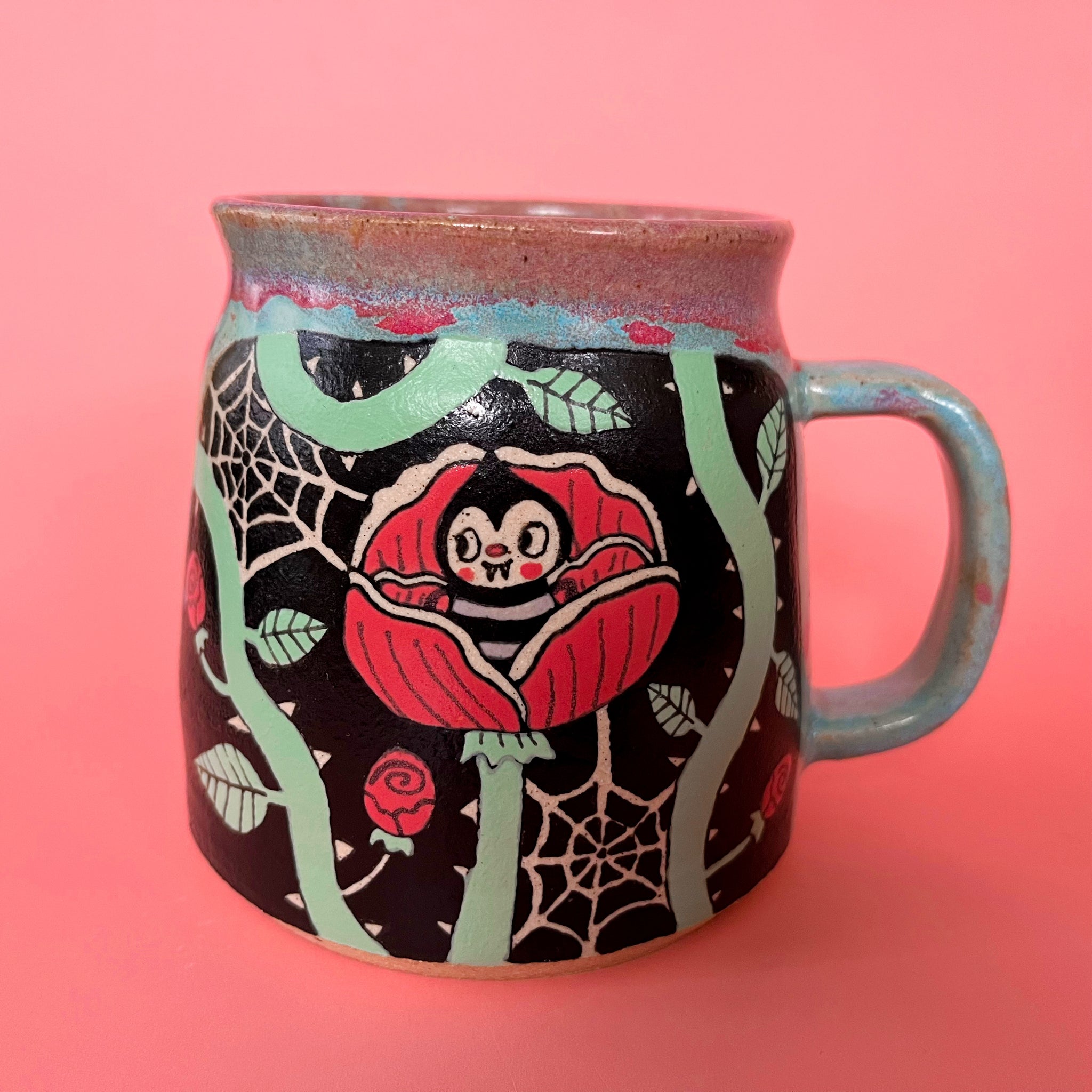 Ceramic Wheel Thrown Mug Spider Rose 17.5oz