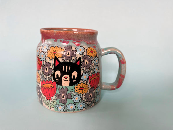 Ceramic Wheel Thrown Mug Cat Flower 18oz