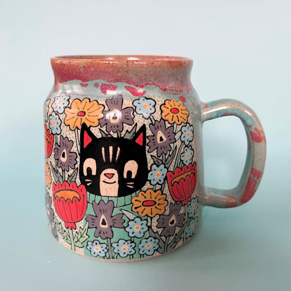 Ceramic Wheel Thrown Mug Cat Flower 18oz