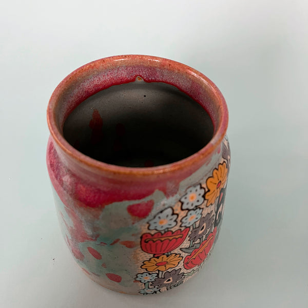Ceramic Wheel Thrown Mug Cat Flower 18oz
