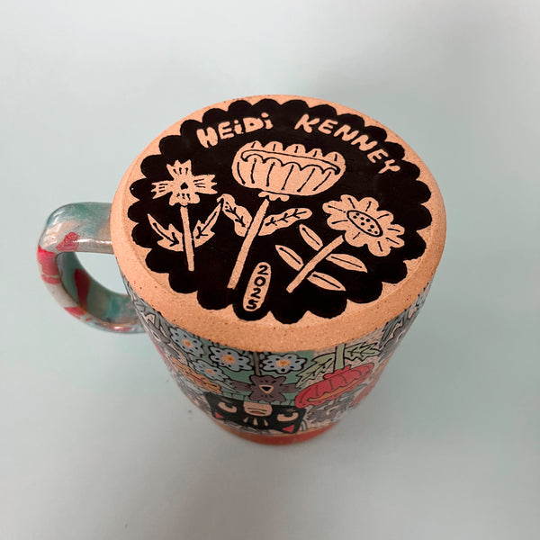 Ceramic Wheel Thrown Mug Cat Flower 18oz