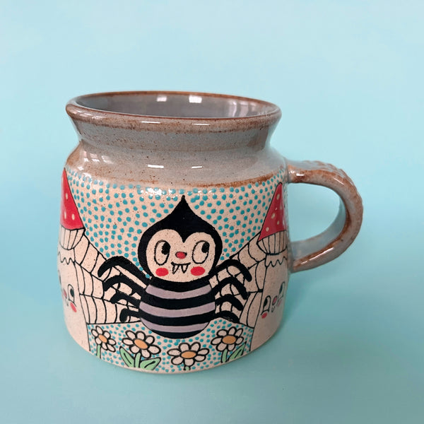 Ceramic Wheel Thrown Mug Spider Ladybug Mug 14oz