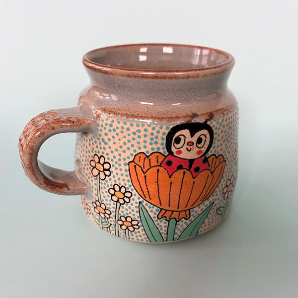 Ceramic Wheel Thrown Mug Spider Ladybug Mug 14oz