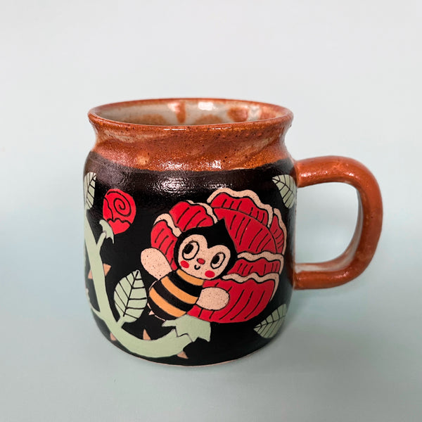 Ceramic Wheel Thrown Mug Bee Rose 13.5oz