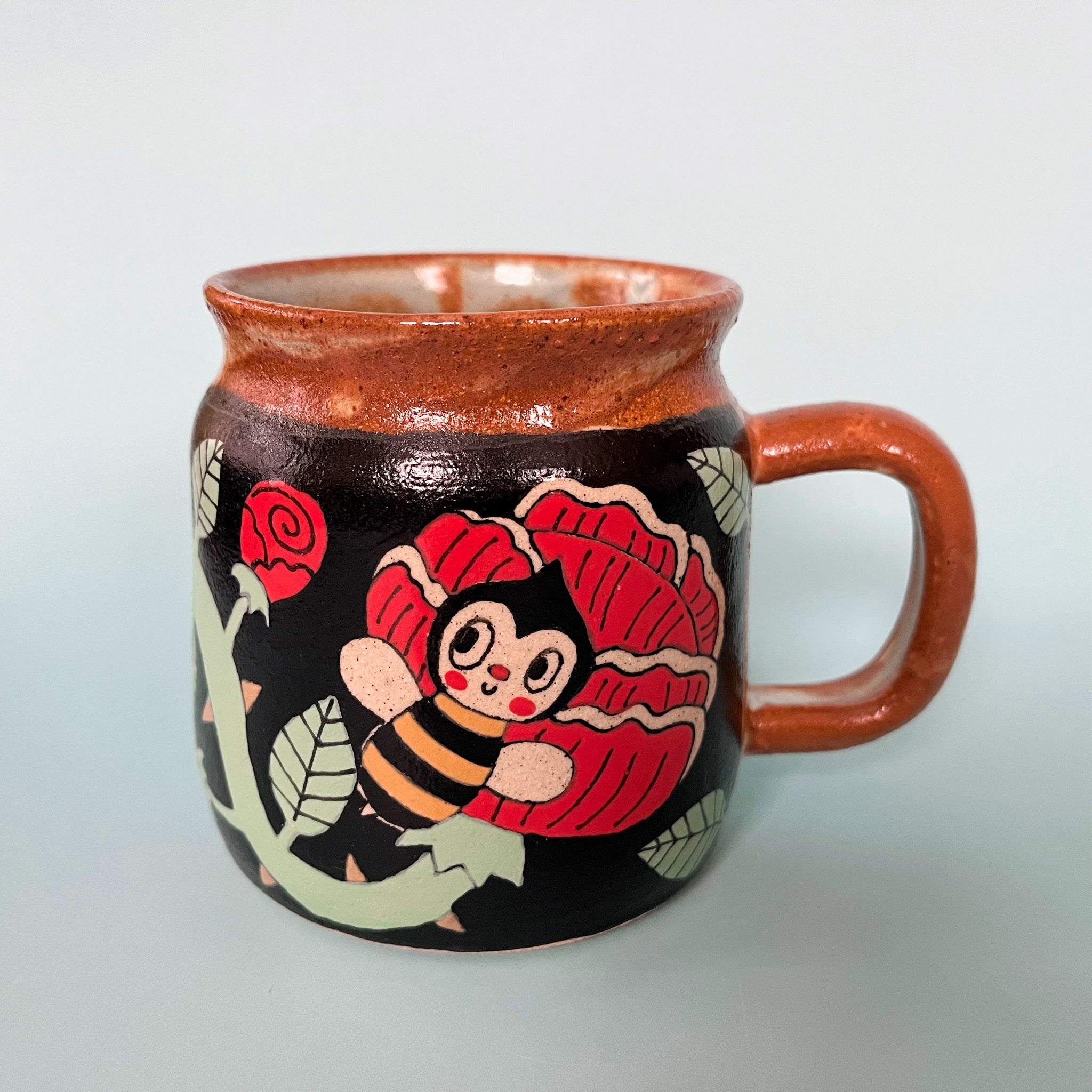 Ceramic Wheel Thrown Mug Bee Rose 13.5oz
