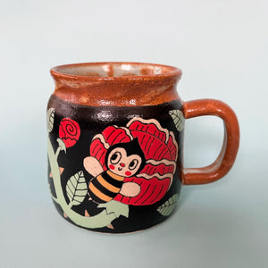 Ceramic Wheel Thrown Mug Bee Rose 13.5oz