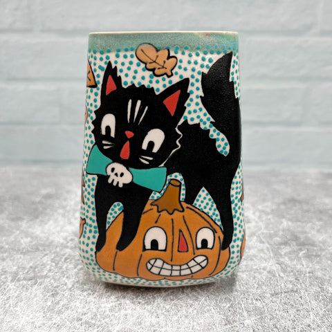 Ceramic Slip Cast Cup Halloween Cat Ghost 12oz