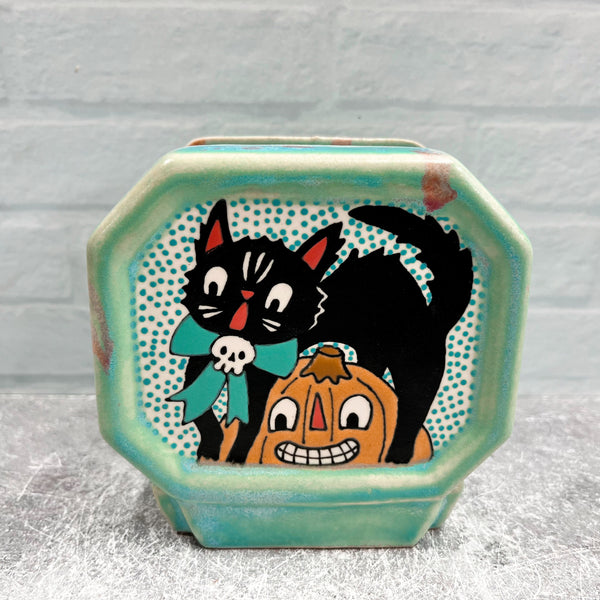 Ceramic Slip Cast Coffee Filter/ Napkin Holder Halloween Cat