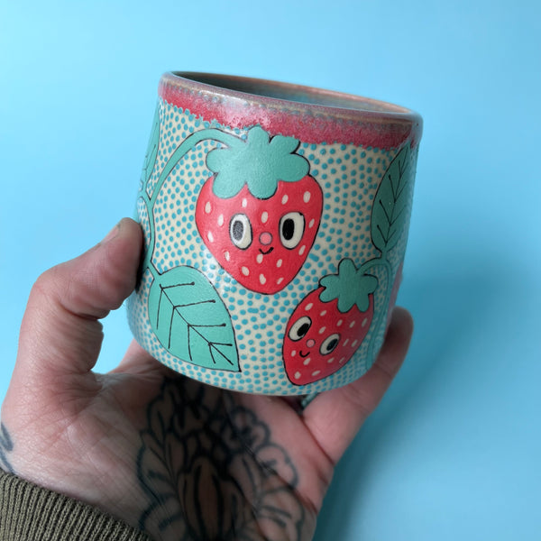 Ceramic Wheel Thrown Strawberry Cup 11oz