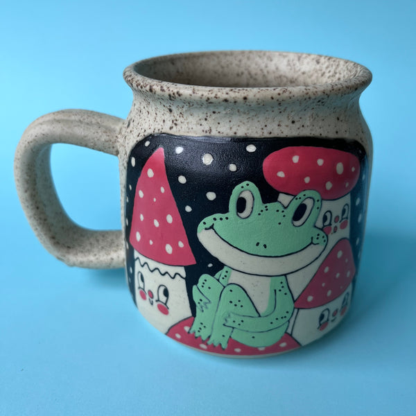 Ceramic Wheel Thrown Frog Strawberry Mushroom Mug 14.5oz