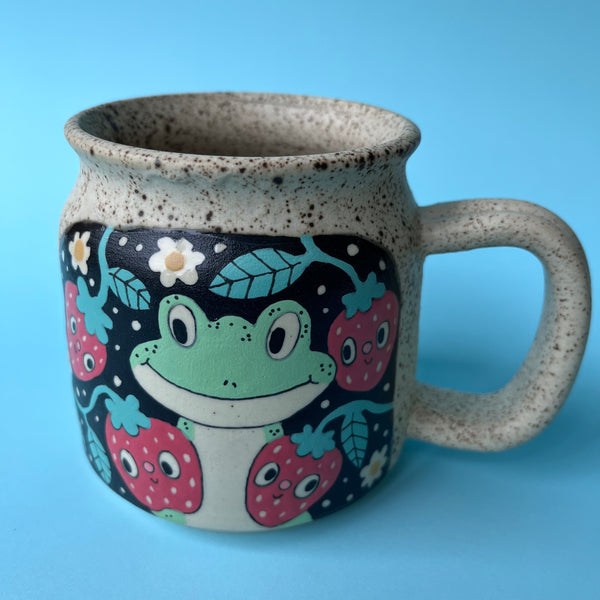 Ceramic Wheel Thrown Frog Strawberry Mushroom Mug 14.5oz