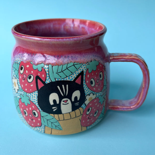 Ceramic Wheel Thrown Cat Strawberry Mug 15oz