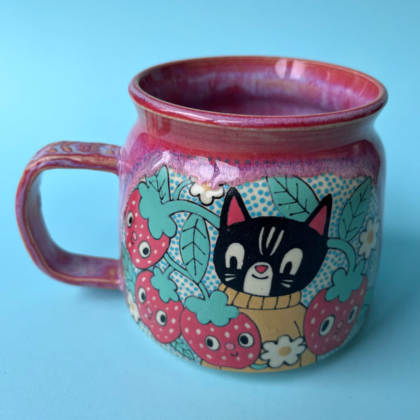 Ceramic Wheel Thrown Cat Strawberry Mug 15oz