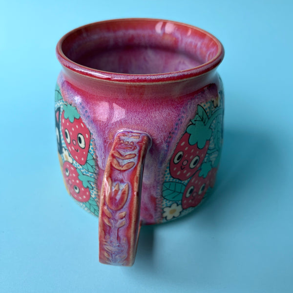 Ceramic Wheel Thrown Cat Strawberry Mug 15oz