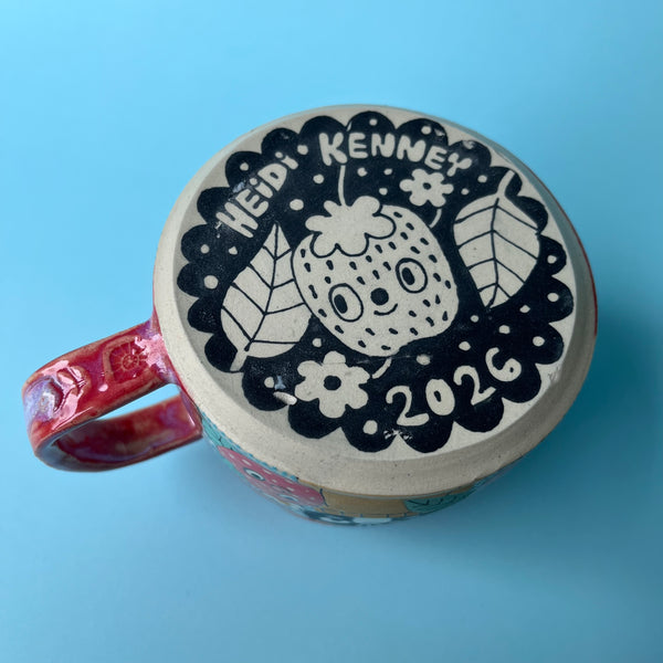 Ceramic Wheel Thrown Cat Strawberry Mug 15oz