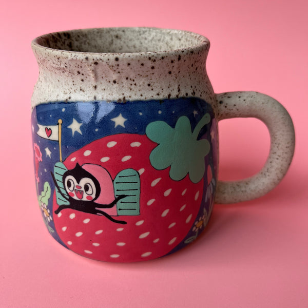 Ceramic Wheel Thrown Spider Bee Strawberry Mug 14.5oz