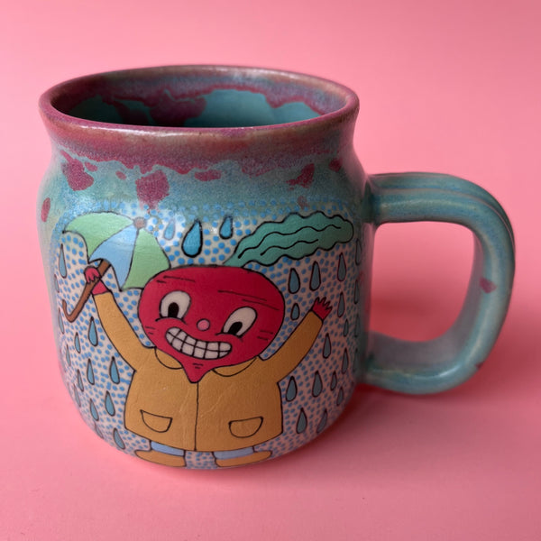 Ceramic Wheel Thrown Rain Mushroom Radish Mug 14.5oz
