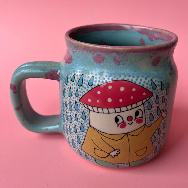 Ceramic Wheel Thrown Rain Mushroom Radish Mug 14.5oz