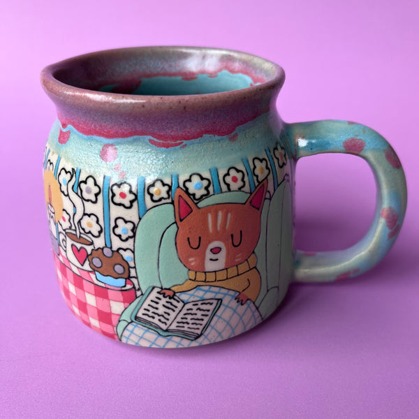 Ceramic Wheel Thrown Reading Cats Mug 11oz
