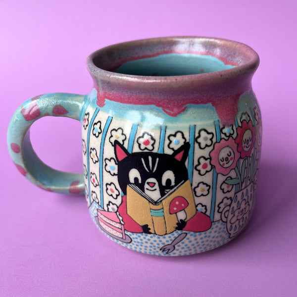 Ceramic Wheel Thrown Reading Cats Mug 11oz