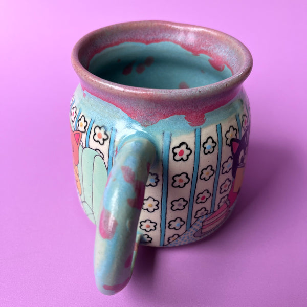Ceramic Wheel Thrown Reading Cats Mug 11oz