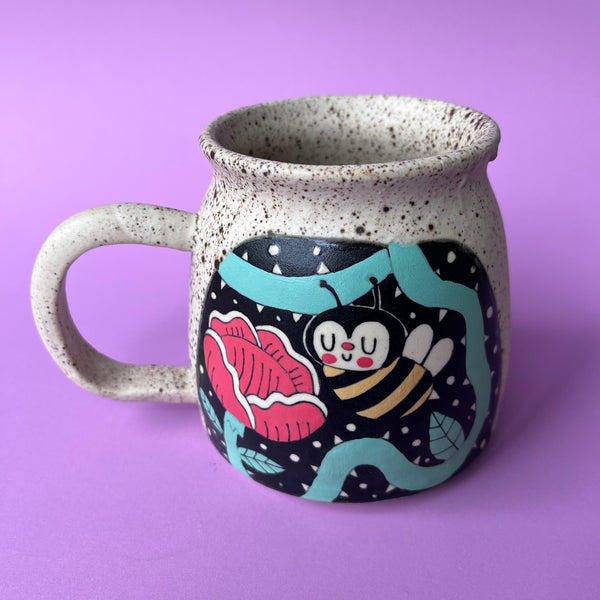 Ceramic Wheel Thrown Bee Rose Mug 16.5oz