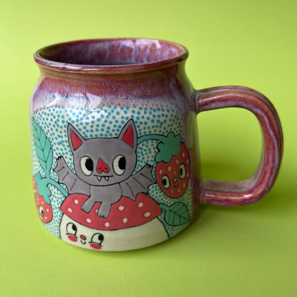 Ceramic Wheel Thrown Bat Strawberry Mug 15oz